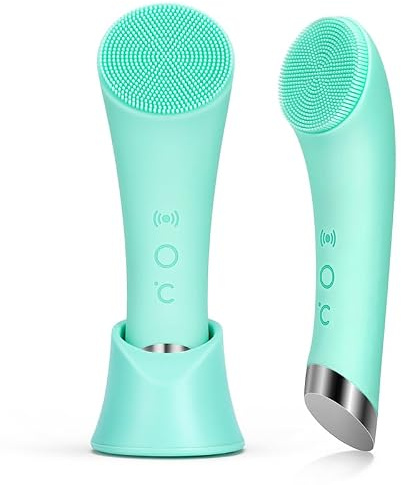 PRITECH Silicone Face Scrubber, Rechargeable Facial Cleansing Brush with Heat Massage End, Vibrating Exfoliator Scrubber for Deep Cleaning, Waterproof Face Brush for Women and Men (Green)