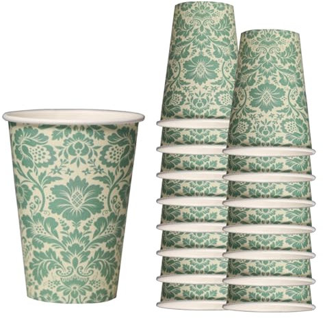 Mecup Bicchieri in Carta, Bicchieri Monouso, 200 Pezzi, Tazza Caffè 200 ml, Usa e Getta, Per Bevande Calde e Fredde, Design Elegante, Igienici, Biodegradabili. Fantasia: Damascato, Verde