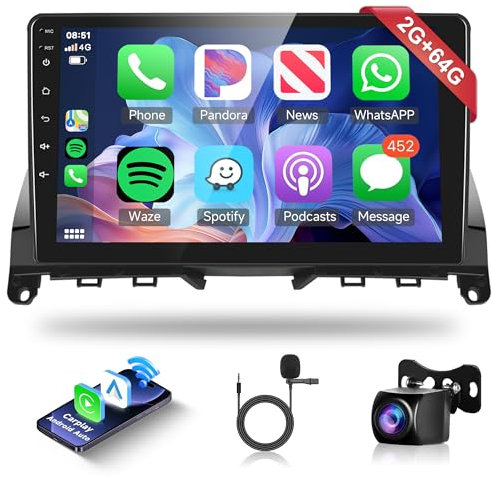 2G+64G Wireless Carplay Android Auto Android 13 Autoradio 2 Din per Mercedes Benz C Class W204 S204 2007-2014 9 Pollici Autoradio con GPS Navi WiFi Mirror Link Bluetooth FM/RDS Telecamera Posteriore