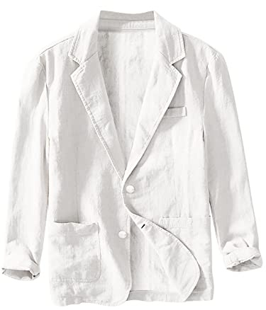 Sakko Herren Baumwoll Leinen Regular Fit Schalkragen Anzugjacke 2 Knopf Jacke für Hochzeit Freizeit (01 Weiß, XL)