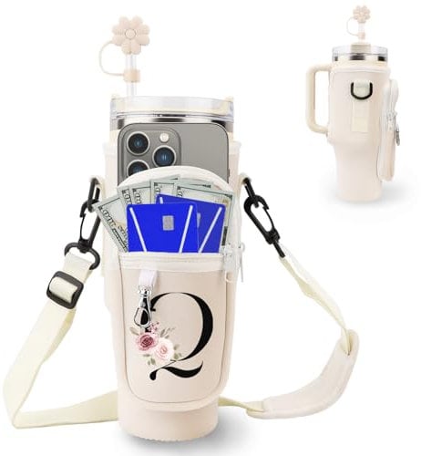 Initial Personalized Water Bottle Bag for Stanley 40oz Tumbler,with Phone Pocket,Neoprene Water Bottle Carrier with Adjustable Strap and Straw Cover & Carabiner,for Stanley Cup Accessories(Q)