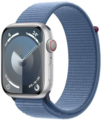Apple Watch Series 9 [GPS + Cellular, 45mm] - Silver Aluminum Case with Winter Blue Sport Loop, One Size (Renewed)
