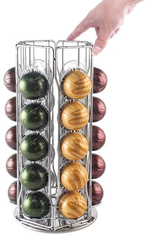 SEVENLINE Coffee Pod Holder – Compatible with Nespresso Vertuo Pods,Storage For 30 Pods Vertuoline Capsules Rotating Stand Carousel Organizer Rack (Silvery)