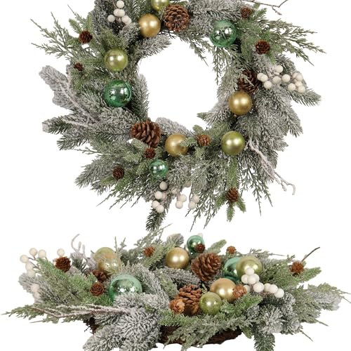 Quixem Weihnachtskranz für Haustür, schneebeflockt, 55,9 cm, künstlicher Winterkranz mit goldenen und grünen Ornamenten, Tannenzapfen und weißen Beeren – Weihnachtsdekoration für drinnen und draußen