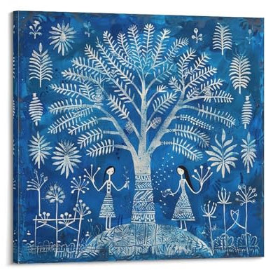 ZXJYMX Landschaftsposter, Gemälde mit naiven Motiven, Mädchen unter einem blauen Baum, Poster, dekorative Malerei, Leinwand, Wandposter und Kunstdruck, moderne Familienschlafzimmer-Dekor-Poster, 70 x
