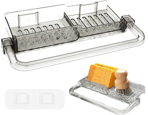 Soporte Esponja Fregadero, Porta Estropajos Fregaderos con Toallero, Soporte Estropajo Fregadero Sin Taladrar, Colgar Organizador de Cocina para Sponge, Cepillo y Trapos, Plástico, Gris Transparente