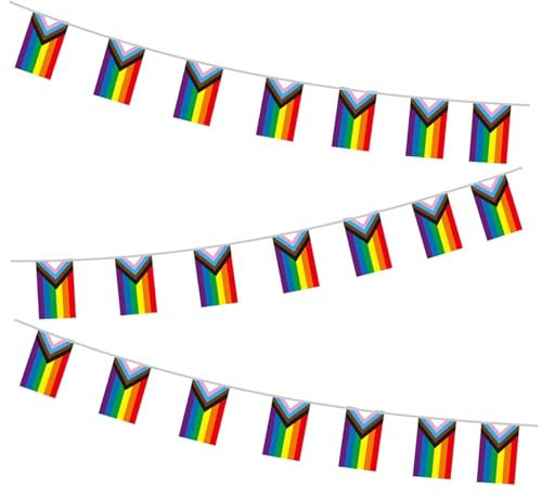 Regenbogen-Flagge, 25 rechteckige UV-beständige schwule Lesbenflaggen, Banner, Progress Pride, Wimpelkette für Garten, Innen- und Außenbereich, 8 m