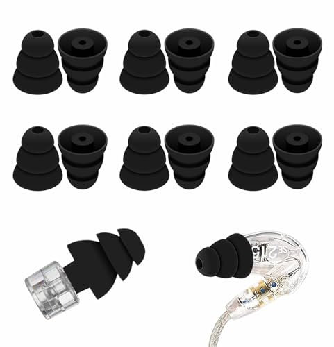 Ohrstöpsel, groß, 6 Paar, Dreifach-Flansch, kompatibel mit Shure SE215 Pro, geräuschreduzierend, mit 2 mm Anschlussloch, Ohrstöpsel, kompatibel mit Etymotic Research/Klipsch/Westone, L, Schwarz