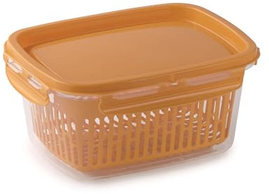 Snips Veggie SnipsLock 1,20 L Contenedor de Alimentos Rectangular con Cesta Extraíble, 4 Cierres de Seguridad, Junta de Conservación de Frescura, Color Mostaza, 18.4 x 14 x 9 cm, Mostaza