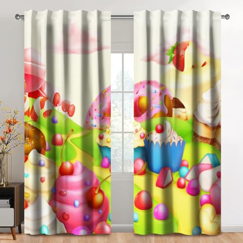 Kzzfqxb 107x160cm Karikatur Vorhänge 2 Paneele, Kindische Eiscreme Hügel Süßigkeiten Straße Marshmallow Wolken Märchenwelt, Fantasie Dekor für Kinder Schlafzimmer Wohnzimmer