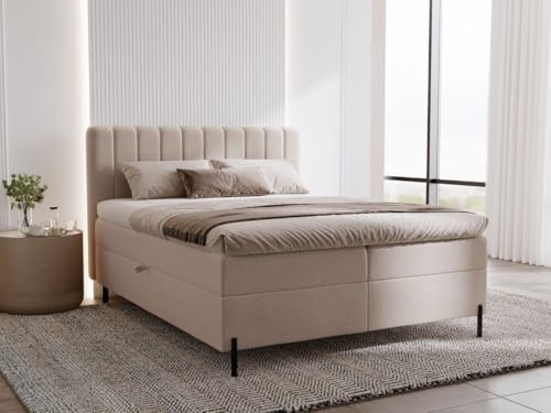 GRAINGOLD Primavera Bett 180x200, Boxspringbett mit Bettkasten, Polsterbett mit Bonell-Matratze, Samt Stoff, mit Topper, mit Kopfteil (Beige, 180x200)