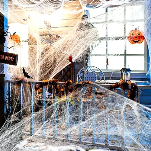 CANCJ Halloween Spinnennetz Deko – 300g Spinnweben Set mit 50 Künstliche Spinnen für Horror Halloween Deko Outdoor – XXL Dehnbare Spinnennetz für Hausfassade, Garten & Tür & Party Hausdeko