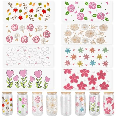 SOFPLATE 8 hoja de 8 estilos de Flores UV DTF para Envoltorios de Vasos de Vidrio Pegatinas de Transferencia de Plástico Impermeables Etiquetas Decorativas Florales Coloridas de Verano para Botellas d