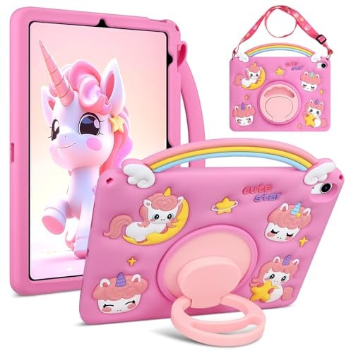 Coolden für iPad A16 11 Generation Hülle 11 Zoll 2025 Süße 3D Rainbow Unicorn Silikon iPad 10 Generation Hülle Kinder Mädchen 10.9 Zoll Stoßfeste Schutzhülle mit Drehbar Ständer Schultergurt Griff Rot
