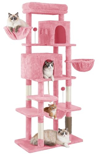 YITAHOME Large Cats Tree Tower, Height 176 cm, XL Cat Tree, Multi-Tier Cat Scratching Post with 2 Caves, 2 Baskets, Hammock, Plush Balls, Cat Brushes, Pink