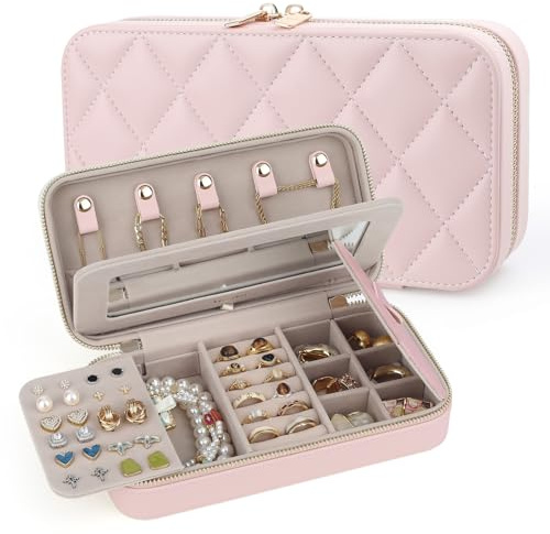 REVEMCN Reise Schmuckkästchen mit Spiegel – Kleine Schmuckbox für Damen & Mädchen, Schmuck organizer mit Ringrollen, Ohrringhalter & Kettenhaken, Schmuckaufbewahrung für unterwegs (Pastellrosa)