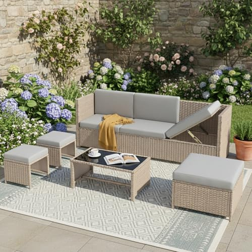 Gelukueub 6 Seater Garden Furniture Set, PE Ratten, Garden Corner Sofa Rattan Patio Set, Ratten Sofa, Seating Group, Patio Furniture (Khaki)