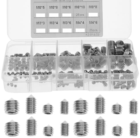 SILENRADAWN 250pcs Stainless Steel Screws Kit with Pointed Set Screws for Handles and Water Applications, Long Servicing Life, No Burrs, Includes Plastic Box for Home and Communication