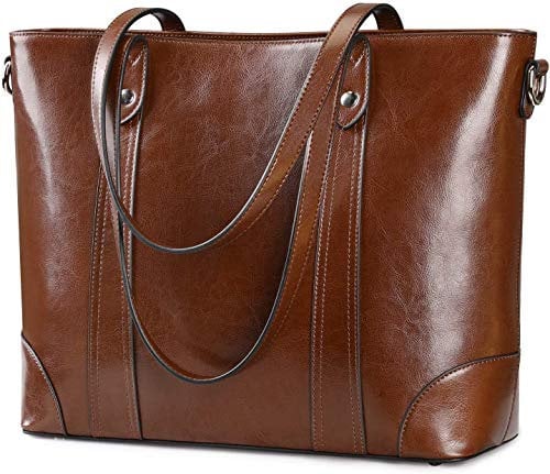 S-ZONE Damen Schultertasche 15,6 Inch Laptoptasche Große Leder Shopper Arbeitstasche Umhängetasche Handtasche mit Gepolstertem Laptopfach