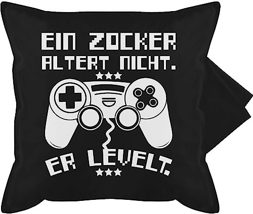 Shirtracer Kissenbezug - Statement Kissen mit Sprüchen - EIN Zocker altert Nicht - er levelt weiß - 50 x 50 cm - Schwarz - zockerkissen kissenhülle sprüche Spruch Game kuschelkissen gamerkissen
