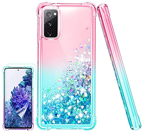 Kompatibel mit Samsung Galaxy S20 FE Hülle, (Unzerstörbar Stoßfestigkeit) Handyhülle Transparent Flüssigkeit Glitzer Slim Soft Silikon TPU Mädchenhaft Frau Handyhülle, Hülle für S20 FE,Rosa/Blaugrün