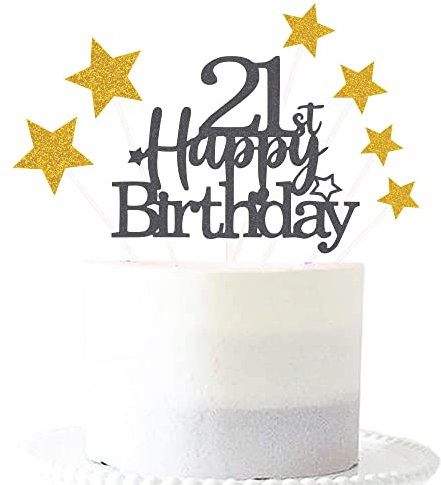 Glittery 21st Happy Birthday Cake Topper with Star,21 Birthday Cake Toppers Party Decorations Party Supplies for Boys Girls Black Gold