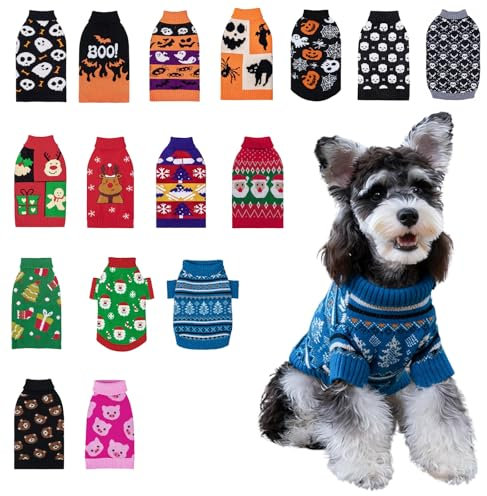 CuteBone Blauer Hundepullover Schneeflocken-Strick-Welpenkleidung für kleine Hunde, Gemütliche Sweatshirts Winterjacken und -mäntel für Hunde mit Loch für die Leine DS72XL-DE