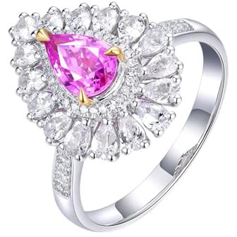 Damen Ringe Rosa, Engagement Ring White Gold 18 Karat Weißgold Blume Lab Saphir 0.92CT Tropfenschliff VVS mit Diamant Natur Weiß Größe 60 (19.1)