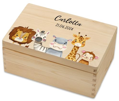 Lilletå ® Erinnerungsbox Tiere Safari (006.01) - Erinnerungskiste Baby mit Hochwertigem Farbdruck - Kind Erinnerungsbox Holz - Geschenk Geburt Mädchen Junge