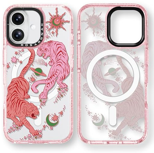 Rosarnnah Kompatibel mit iPhone 16 Hülle für Magsafe – Tiger Glitzer Rosa Cover Design – niedliche Ästhetik Handyhülle für iPhone 16 6.1