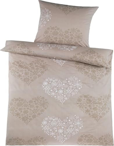 KH-Haushaltshandel 2-TLG. Biber Winter Bettwäsche 135 x 200 + 80x80 cm, 100% Baumwolle, beige weiß, Sterne/Herzen (W398820HerzSterne)