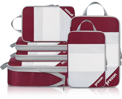Prezon 6 Set Kompressions-Packwürfel, Durchsichtiges Design, Platzsparend, Leicht, Maßgeschneidertes Kationisches Material, Tragbarer und Langlebiger Gepäck-Organizer, Burgunderrot