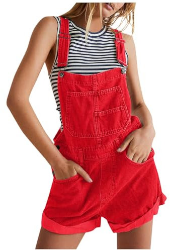 Generisch Latzhose Damen Sommer Jeans Kurz Jeanslatzhose Schnallenriemen Verstellbare Riemen Cargo Shorts Trägerhose Denim mit Taschen Rot M