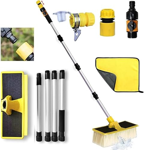 Brosse de Lavage de Voiture Avec Manche de 168 cm, Brosse de Lavage Télescopique, Avec Raccord D'eau, Balai de Lavage Avec Raccord de Tuyau, Brosse à Eau Pour Caravane, Voiture, Camion, Bus, Van