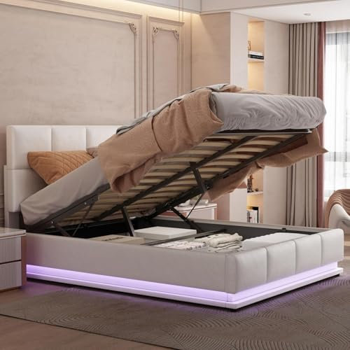 Lazyspace Polsterbett 140x200 cm, Hydraulisch Stauraumbett Funktionsbett mit Großer Stauraum, Doppelbett mit LED-Beleuchtung, Einzelbett mit Kopfteil und Lattenrost, Jugendbett, PU-Leder, Weiß