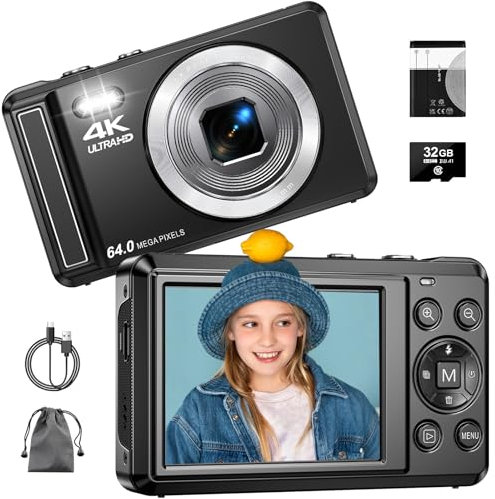 Digital Camera 4K 64 MP Autofocus Camera with 16x Digital Zoom, 2.8'' Compact Digital Camera with 32GB Card and Batteriey for Beginners, Kids, and Teenagers, Boys, and Girls