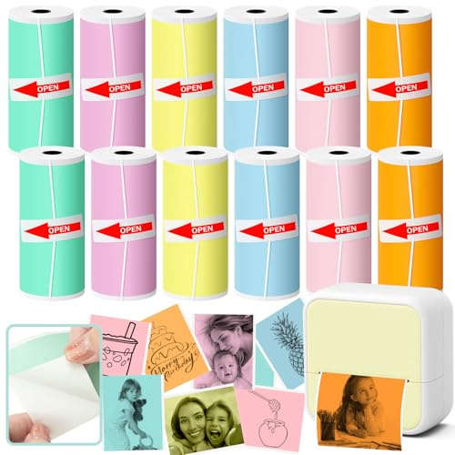 Selbstklebendes Thermopapier, 12 Rollen, farbiges Thermo-Aufkleberpapier für Kinder, Sofortbildkamera, Nachfülldruckpapier, Atnadov HD-Thermopapier für die meisten Kinder-Sofortbildkameras (12 Rollen