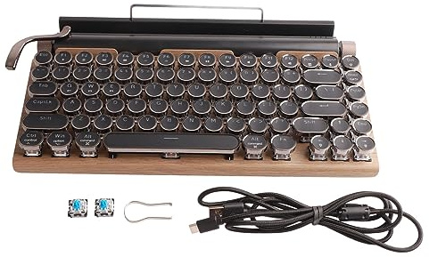Ausla Retro Typewriter Tastatur, Metal Punk Rund Keycap 83 Tasten Blaue Switches Gaming Tastatur mit LED Hintergrundbeleuchtung und Type C Anschluss (Holzfarbe)