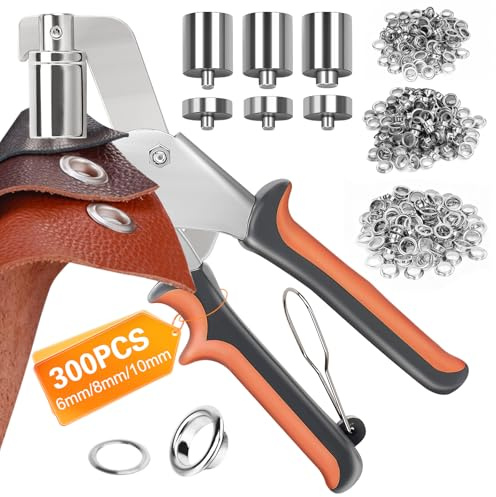 304Pcs Eyelet Punch Kit, Grommet Hole Punch Plier with 300 Pair Metal Grommet Eyelets 6mm/8mm/10mm Fabric Hole Puncher with Eyelets 3 Replacement Heads for DIY Tarpaulin Ring Leather Home Decoration