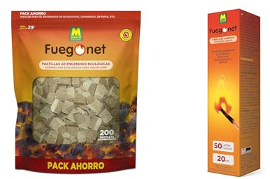 Pack Fuego: Pastillas de Encendido ecológicas 200 Unidades + Cerillas largas 50 Unidades. Ideal para chimeneas, barbacoas...Larga duracion. Sin Olor