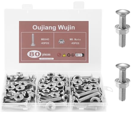 oujiangwujin 40 Stück mit Aufbewahrungsbox M8 Schlossbolzen, Senkschrauben mit Flanschmuttern, Edelstahl-Flanschmutternbolzen, Flachrundkopfschrauben mit Vierkantansatz, Torbandschrauben