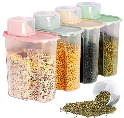 WEIWUXIAN 4PCS 2.2L Airtight Cereal Storage Containers with Lids&Measuring Cup, BPA-Free Plastic Storage Box Cereal Dry Food Storage Tank for Kitchen Cupboard&Pantry Organization, Rice Pasta Flour