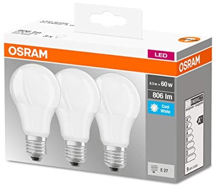 Osram LED-Lampe Base Classic A60 Kolbenform 8W 840, 4000K kaltweiß, E27, matt, 806 lm, nicht dimmbar, IP20