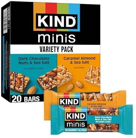 KIND Mini Snack Bars Variety Pack, Gluten Free, Low Sugar, Low Calorie Snacks, Dark Chocolate Nuts & Sea Salt, Caramel Almond & Sea Salt, 20 Count