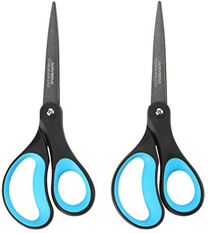 JARVISTAR Lot de 2 paires de ciseaux à papier antiadhésifs en titane - Ultra tranchants - Pour la maison, le bureau - Lame en acier inoxydable - Manche souple - 21 cm - Bleu/noir