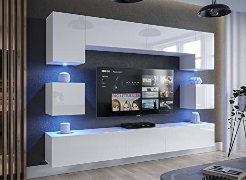Furnitech Wohnwand Wohnzimmer | Wohnzimmer Möbel mit LED RGB - 16 Farben | Hängend Wohnwand Modern | Wohnzimmer Schrankwand mit Regale und TV Schrank (Nowara AN1-17W-HG21 1A)
