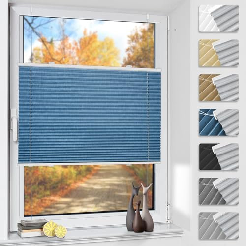 TFSKY Plissee ohne Bohren Verdunkelung Klemmfix Blau B80 x H120 cm Thermo Plissees Verdunklung 100% Blickdicht Plisseerollo für Fenster & Tür Verdunklungsplissee Sonnenschutz Sichtschutz