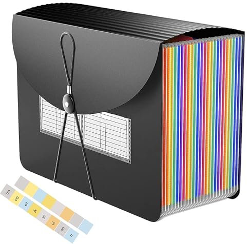 STORLOCKER File Organiser 24 Pockets Extra Capacity Folders for Paperwork A4 Having Flexible Cord, Document Organiser, A4 Expanding File Folder with Lid and Colour Labels Rainbow Files and Folders