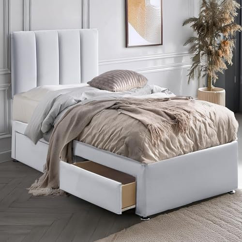 ComfoRest - Elegant 3FT Single Bed with Mattress & 2 Drawers | Versatile Set for Compact Rooms | Durable Beds for Everyday Use | Practical Choice for Comfortable Living (White Plush)