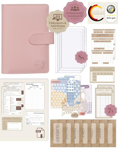BeginnerBudget® Budget Planner Deutsch - Starterset mit Sparchallenge Budgetplaner - Sparen mit Umschlagmethode + Anleitung - Ringbuch - Binder A6 Glattleder-Style (Rosa)